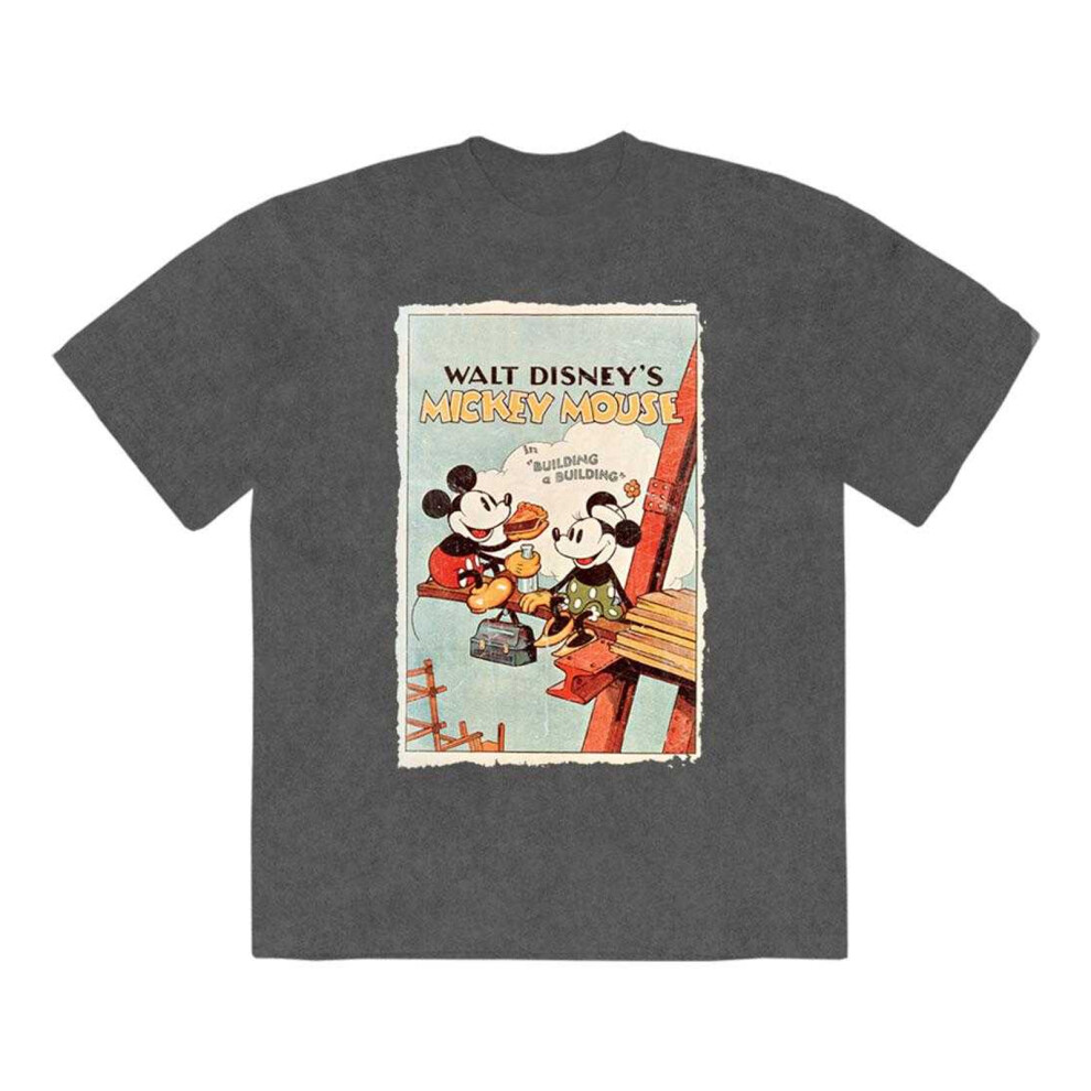 Disney (S, Charcoal Grey) Unisex Adult Building A Building Mickey Stone Wash T-Shirt