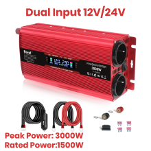 Convertisseur de tension 3000W Rouge, DC 12V vers AC 220V, Écran LCD, Double USB, Pour Voiture et Solaire