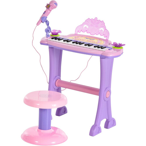 HOMCOM Teclado Eletrónico Infantil de 32 Teclas, Rosa, com Microfone e Banqueta 1