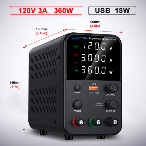 Wanptek Alimentation de Laboratoire DC, Réglable 120V 3A avec Charge Rapide USB