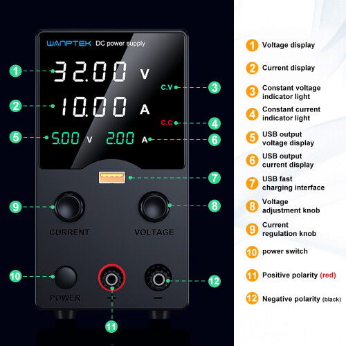 Wanptek Alimentation de Laboratoire DC, Réglable 120V 3A avec Charge Rapide USB 2