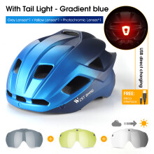 West Biking Fietshelm, Blauw, met 3 lenzen, achterlicht en vizier voor mountainbike en scooter