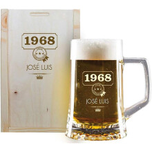 CALLEDELREGALO jarra de cerveja personalizada com nome e ano, 500 ml, vidro, estojo de madeira gravada