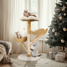 Bingopaw Arbre à Chat, Centre d'Activité en Bois Naturel et Blanc, 60x111cm avec Griffoir et Panier