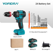 YOFIDRA 2-in-1 elektrische boorhamer, draadloos, borstelloos, 21 koppelstanden, voor hout en metaal