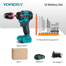 YOFIDRA 2-in-1 elektrische schroevendraaier boorhamer, 21V draadloos, met 21 koppelstanden en LED-licht