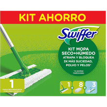 Swiffer Mopa Kit Básico de Limpeza para Madeira e Pavimentos, 1 Mopa, 8 Panos Secos e 3 Panos Húmedos