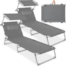 tectake, conjunto de 2 espreguiçadeiras, 190x68x111 cm, dobrável, ajustável em 4 posições, com toldo e apoio de cabeça, cinzento