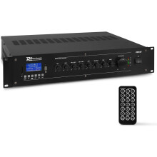 Power Dynamics PRM120, amplificador 100V 120W, Bluetooth 4.2, 4 entradas de linha e microfone, formato rack 19 polegadas 2U