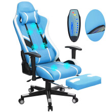 Chaise de jeu de massage GC-RC03, Fauteuil ergonomique avec repose-pieds, Bleu et Blanc