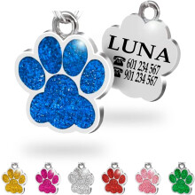 Placa de identificação para cães e gatos, em formato de pata com purpurina, azul, 24 mm x 27 mm