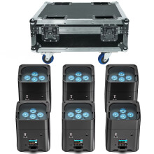 Yiflamefly set van 6 Par lichten met oplaadbare flightcase, 80W RGBWA+UV draadloos met accu voor DJ en disco