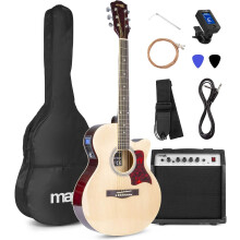 MAX Showkit, guitarra eletroacústica Western Dreadnought Cutaway 4/4, madeira clara, com amplificador de 40 watts e acessórios