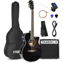 MAX Showkit, Guitarra eletroacústica Western Dreadnought com Cutaway, Preto, com amplificador de 40W, capa, afinador e acessórios