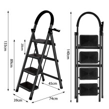 Échelle pliante en acier, 4 marches, noire, avec pieds antidérapants et porte-outil pour bricolage et jardin