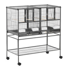 Pawhut dubbele vogelkooi voor kleine vogels, grijs, 95x45,5x102 cm, met 4 houten stokken en 4 voerbakken