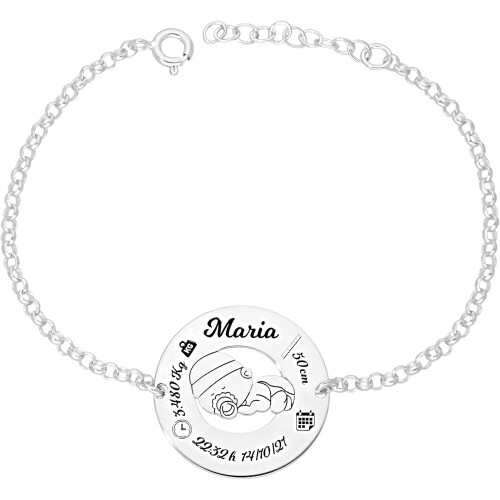 Pulseira de Nascimento em Prata de Lei 925, Modelo Rolo com Disco de 18mm, 19cm com Extensor