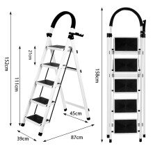 Échelle pliable 5 marches en acier blanc, robuste avec pieds antidérapants, pour bricolage et jardinage