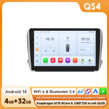 Autoradio voor Peugeot 208 2008, 10,1 inch scherm, Android 14, QS4 8Core 4G 32G, draadloze CarPlay en Android Auto