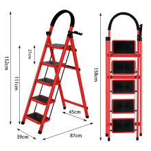 Échelle pliable en acier Rouge 5 marches, avec pieds antidérapants et porte-outil pour bricolage et jardinage