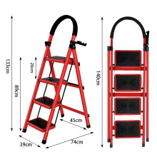 Échelle pliable rouge à 4 marches en acier avec pieds antidérapants et porte-outil pour bricolage et jardin