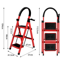 Échelle pliable Rouge, 3 marches, acier robuste avec pieds antidérapants pour bricolage et jardin