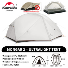 Naturehike Mongar UL, Tente de randonnée 2 personnes, 20D, Gris, Ultra-légère et imperméable