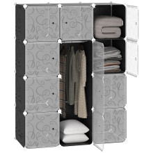 Homcom modulaire kast, 12 kubussen met deuren, zwart en wit, 111x47x145 cm, voor kleding en speelgoed