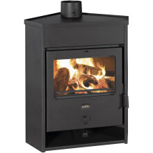 EEK A Prity AM Chimenea de esquina, 12 kW, corpo lacado em preto, com compartimento para madeira