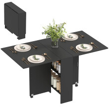 HOMCOM opklapbare eettafel, 75x140x74 cm, melaminehout, zwart, met 2 wielen en 2 planken