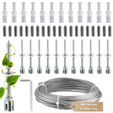 Support pour plantes grimpantes, Câble en acier inoxydable 3 mm 16 m, Lot de 12 supports avec ancrages et housses PVC