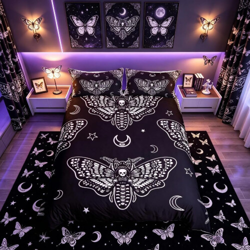 Capa de Edredón Boho Polilla e Caveira, Microfibra, Tamanho Super King, 220 x 260 cm