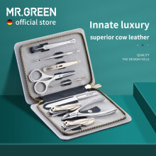 MR.GREEN Kit de manicura 9 en 1, acero inoxidable de grado médico, estuche de cuero de vaca