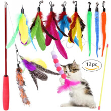 Interactive retractable cat toy, magic wand with teaser rod, 12 cat fishing rod replacement feathers with pendant, feather bell attachments