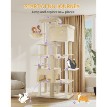Arbre à chat XXL 200 cm, 9 niveaux, 10 grattoirs, 2 grottes, 2 hamacs, beige, pour Maine Coons et grands chats