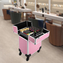 Mallette de maquillage professionnelle à roulettes, grande capacité, rose, avec poignée télescopique et serrures de sécurité