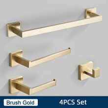 Badkameraccessoires, set van 4 wandhouders voor handdoeken en toiletpapier, geborsteld goud, roestvrij staal