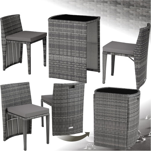 tectake Conjunto de Jardim Exterior em Rotim e Alumínio, 2 Cadeiras com Almofadas e Mesa de Vidro, Cinzento