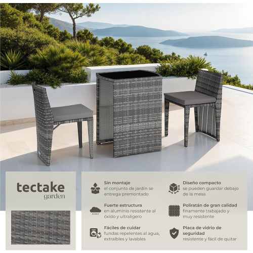 tectake Conjunto de Jardim Exterior em Rotim e Alumínio, 2 Cadeiras com Almofadas e Mesa de Vidro, Cinzento 1