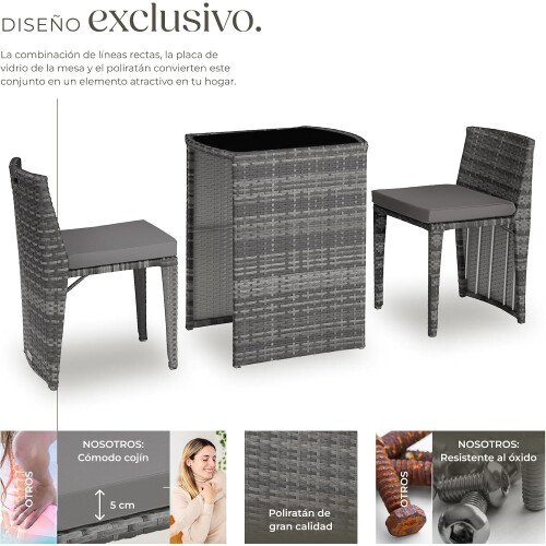 tectake Conjunto de Jardim Exterior em Rotim e Alumínio, 2 Cadeiras com Almofadas e Mesa de Vidro, Cinzento 2