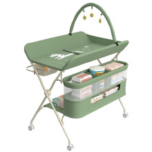 Table à langer pliable avec roulettes, hauteur réglable à 5 niveaux, matelas imperméable et étagères de rangement, Vert
