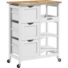 HOMCOM Carro de Cozinha com Rodas, Tampo de Madeira, 67x37x85,5 cm, Branco