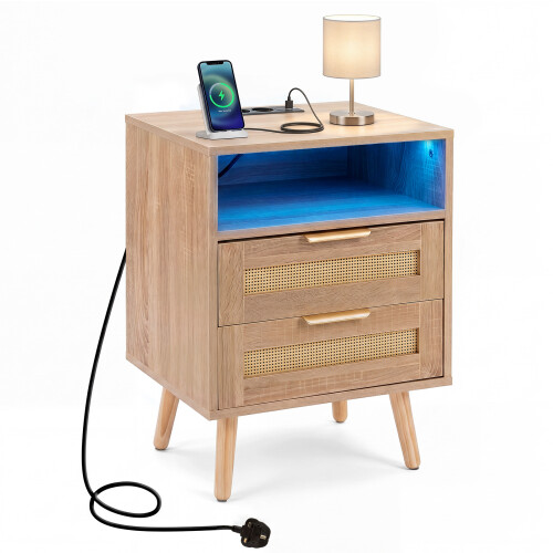 Costway Rattan Bedside Table with Charging Station and LED Lights Boho