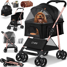 LOVPET Carrinho para cães 2 em 1, bolsa de transporte dobrável, até 20 kg, com janela de rede, capa de chuva e manta