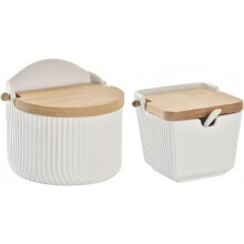 Conjunto de saleiro e açucareiro de cerâmica branco com tampa de madeira, 350 ml e 250 ml
