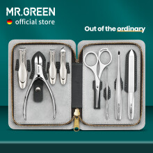 MR.GREEN juego de manicura 8 en 1, acero inoxidable, gris Morandi, con funda de cuero de vaca