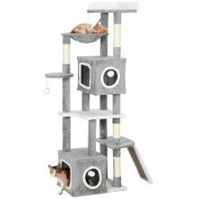 PawHut Arbre à chat 165 cm, avec 2 niches, hamac, échelle et griffoir en sisal, gris