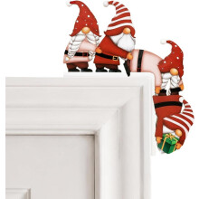 enfeites de Natal para moldura de porta com adesivos redondos, enfeites de gnomos de madeira.