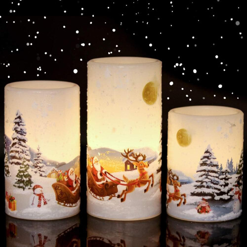 Eldnacele LED Kerzen mit Timerfunktion, Weihnachtsmann-Motiv, 3er Set