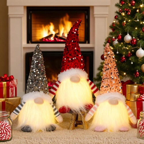 Conjunto de decoración navideña de 3 gnomos navideños con luces LED.
